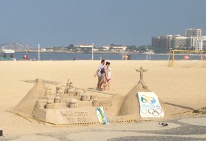 Sandcastle on Copacabana welcoming tourists.  Rio is home to the 2013 Confederations Cup, the 2014 FIFA World Cup, and the 2016 Summer Olympics