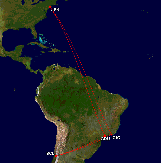 New York-JFK to Santiago (SCL) via Rio de Janeiro (GIG) on outbound and Sao Paulo (GRU) on the return