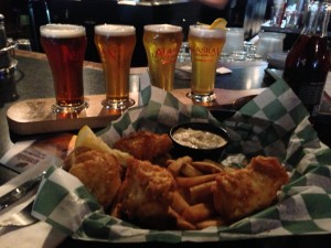 Humpy's Halibut n Chips with a flight of Alaskan Brewery Beers